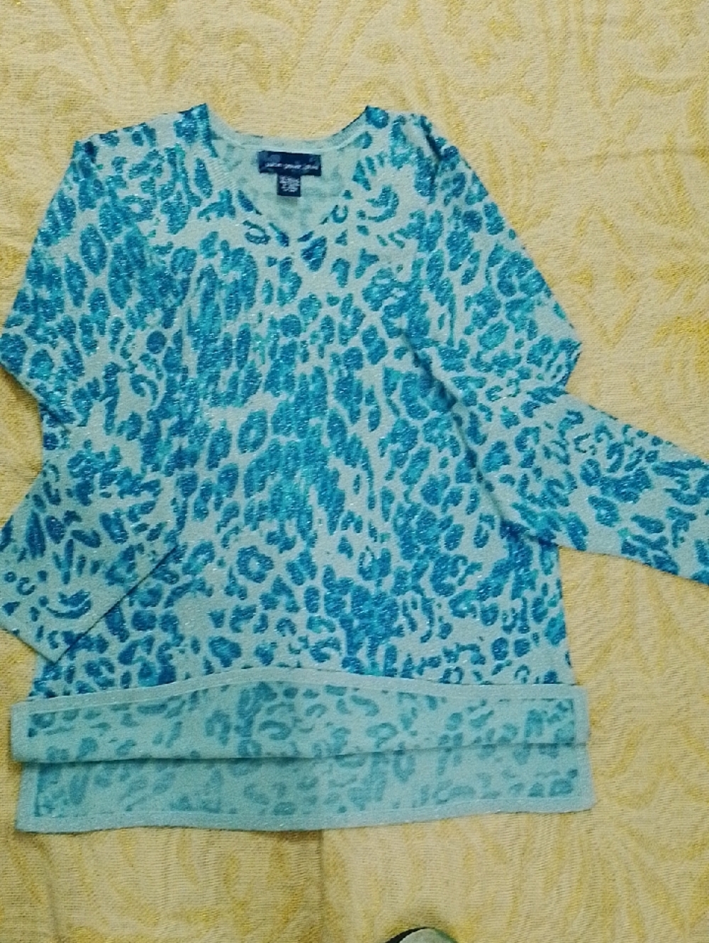 Susan Graver Light Blue V-Neck Sweater with Navy Tag